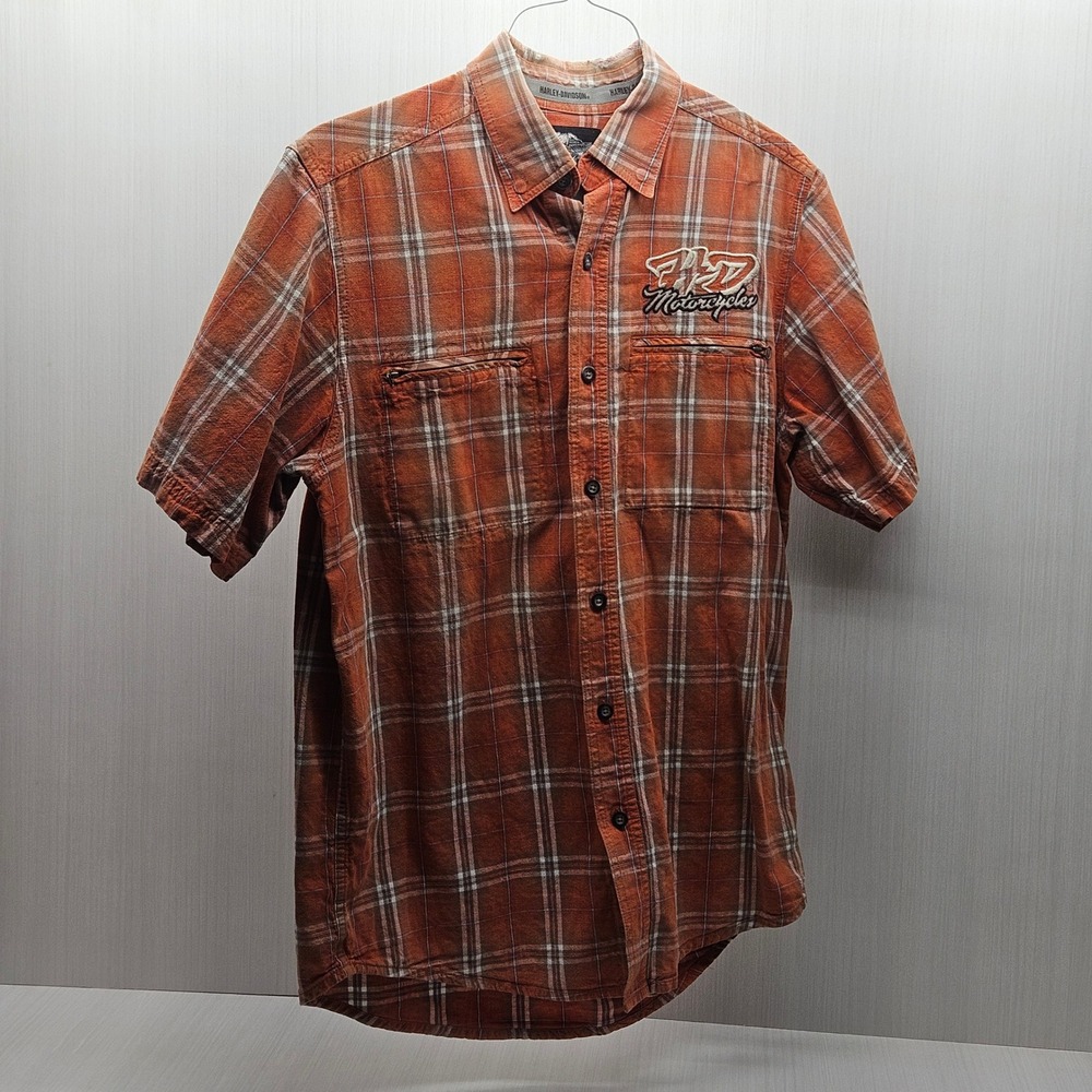 Harley-Davidson‎ Mens Orange Plaid Linen Blend Short Sleeve Button Up Shirt M